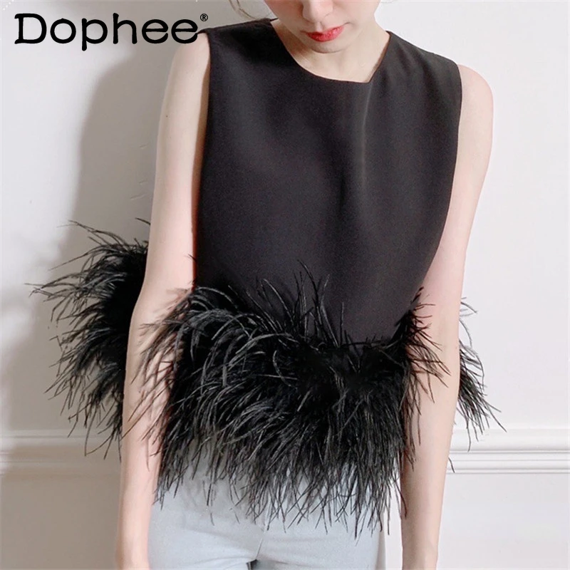 

2022 Summer New Tassel Ostrich Feather Shirt for Women Outer Wear Short Design Ladies Blusas White Black Sleeveless Top