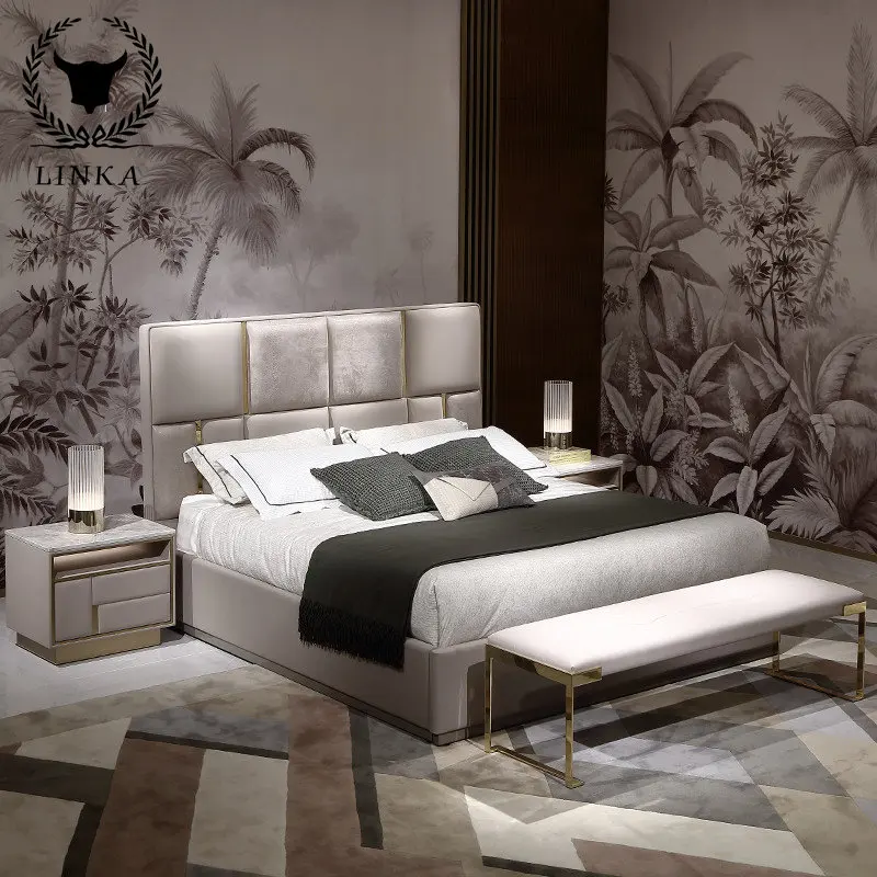 

Italian style light luxury solid wood double bed bedroom 1.8m leather art bed with large backrest high-end furniture