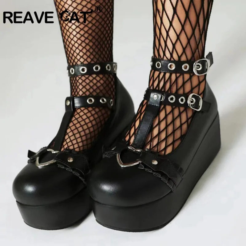 REAVE CAT 2024 женские туфли-лодочки с заклепками в стиле Лолиты туфли на танкетке