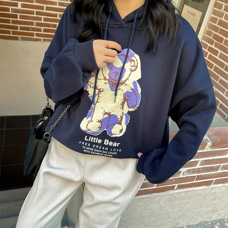 

Толстовка Женская плюшевая с капюшоном, модный Свободный пуловер с рисунком медведя, винтажная уличная одежда, весна-осень 2021
