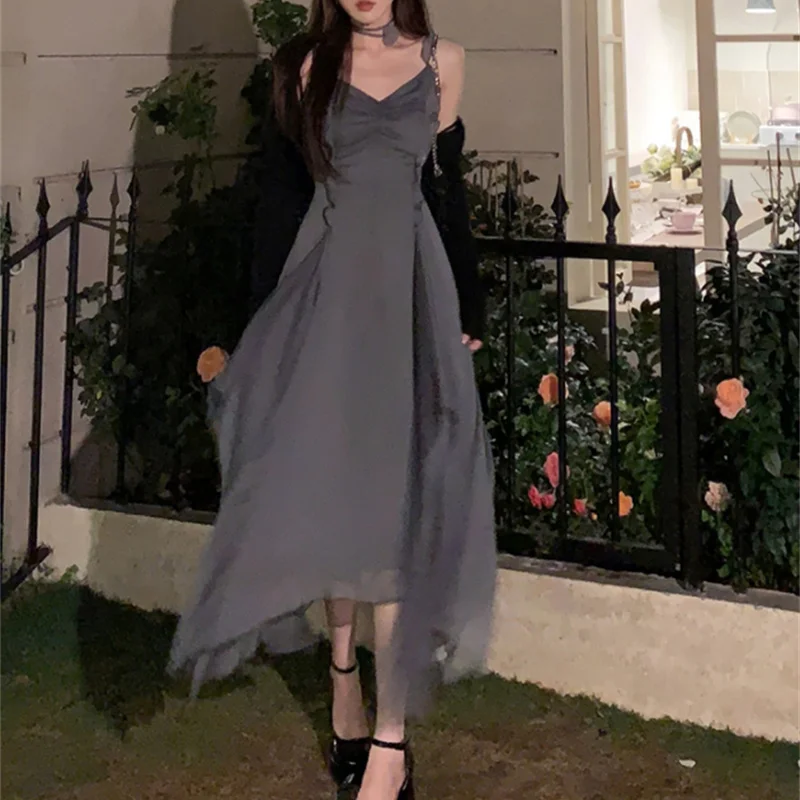 

Elegant Women's Summer Dress Gentle Wind Lotus Leaf Edge Design Sling Dress Set Sunscreen Shawl Cardigan Waist Length Sexy Dress