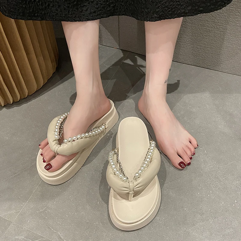 

Beach Shoes House Slippers Platform Slipers Women String Bead Slides Rubber Flip Flops Med Sabot 2022 Soft Summer Flat Hawaiian
