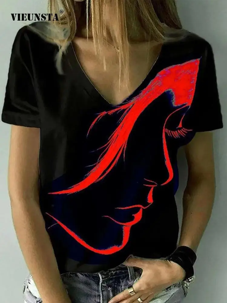 

Женский пуловер с коротким рукавом, Повседневная Блузка с V-образным вырезом и 3D-принтом, блузка с абстрактным портретом, лето 2022