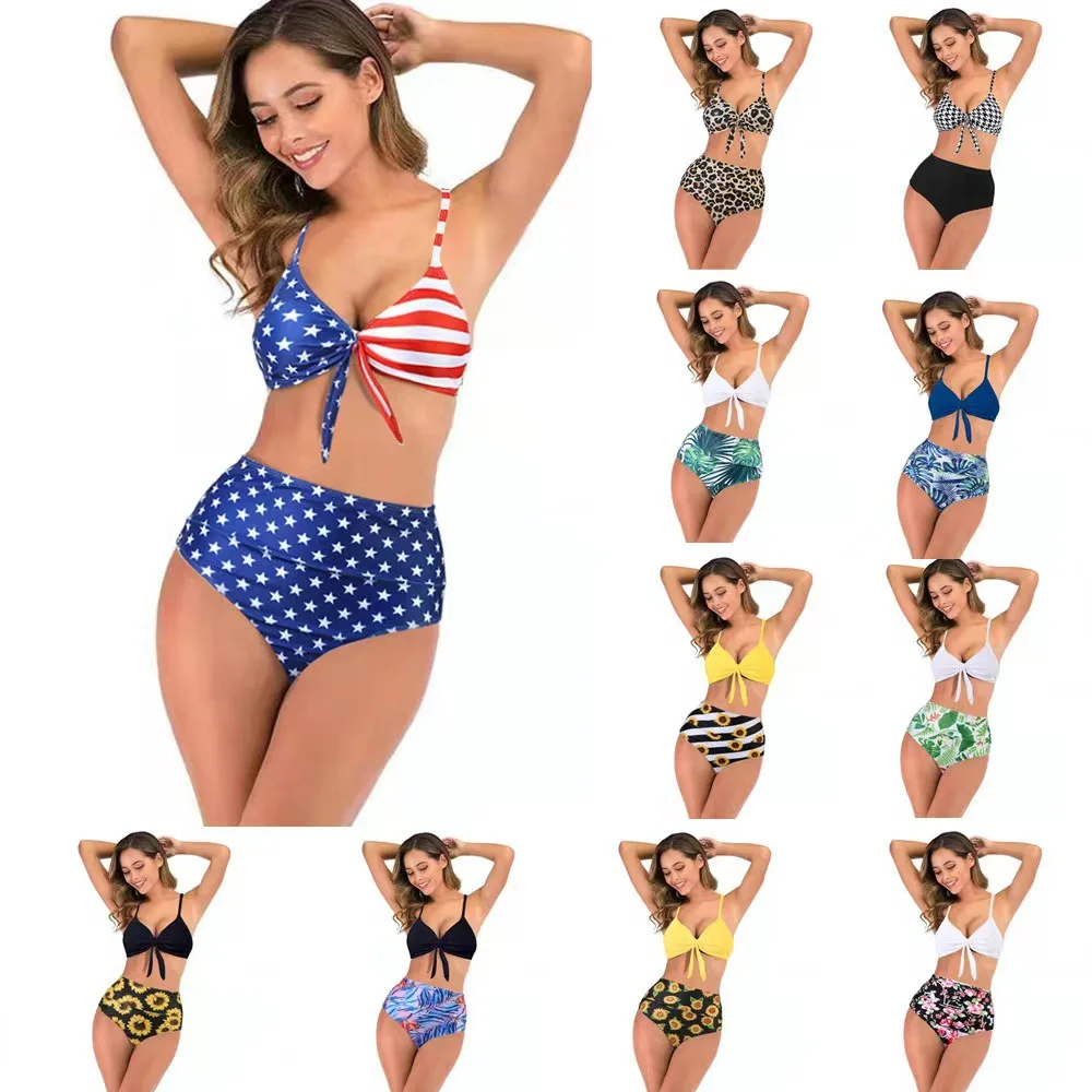 

Europe And America Printed Drawstring Knotted Split Women's Bikini Swimsuit Sexy High Waisted Tight Fitting Swimsuit