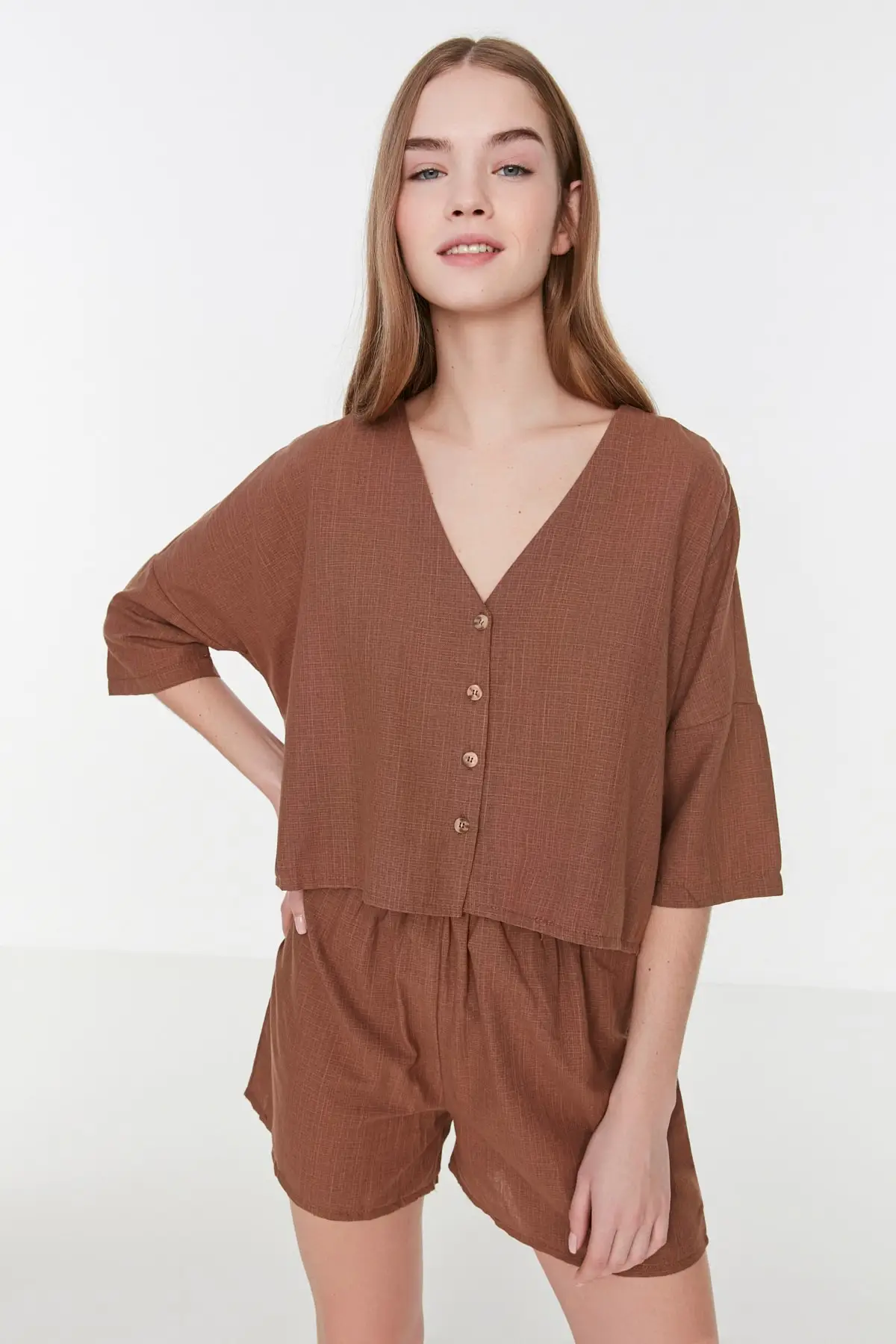 

Women's Pajamas Brown Buttoned Three Quarter Sleeve Woven Sleep Lounge Pajamas Nightwear Sleepwear Night Suit