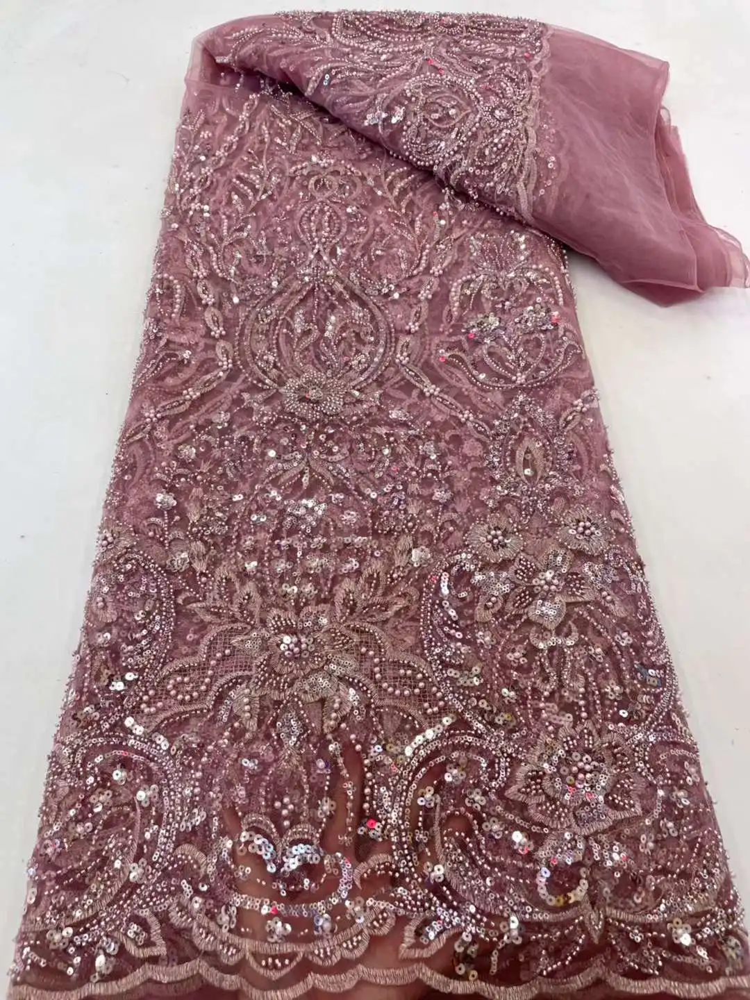 

Hot Sale Beaded Lace Fabric High Quality African Lace Fabric Handmade Beads Lace Fabric for Bridal Material French Net Lace