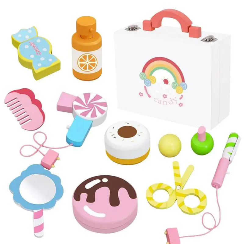 

Wooden Makeup Toy Kit Charming Salon Set with Makeup Mirror and Cosmetics Case Pretend Play Toy Gift for Kids Birthday Christmas