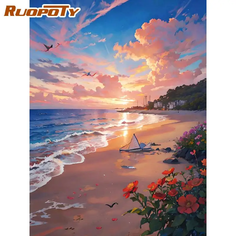 

RUOPOTY Oil Painting By Numbers Sunset Glow Acrylic Paints Painting By Number Scenery Painting Wall Art