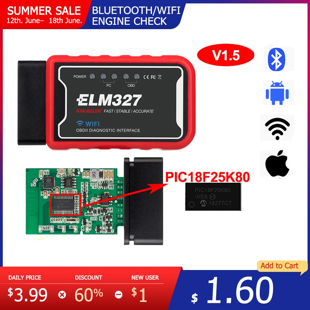 Новый сканер ELM327 V1.5 OBD2 PIC18F25K80 Bluetooth/Wi-Fi ELM 327 OBD Автомобильный диагностический инструмент для Android /IOS OBDII мини считыватель кодов