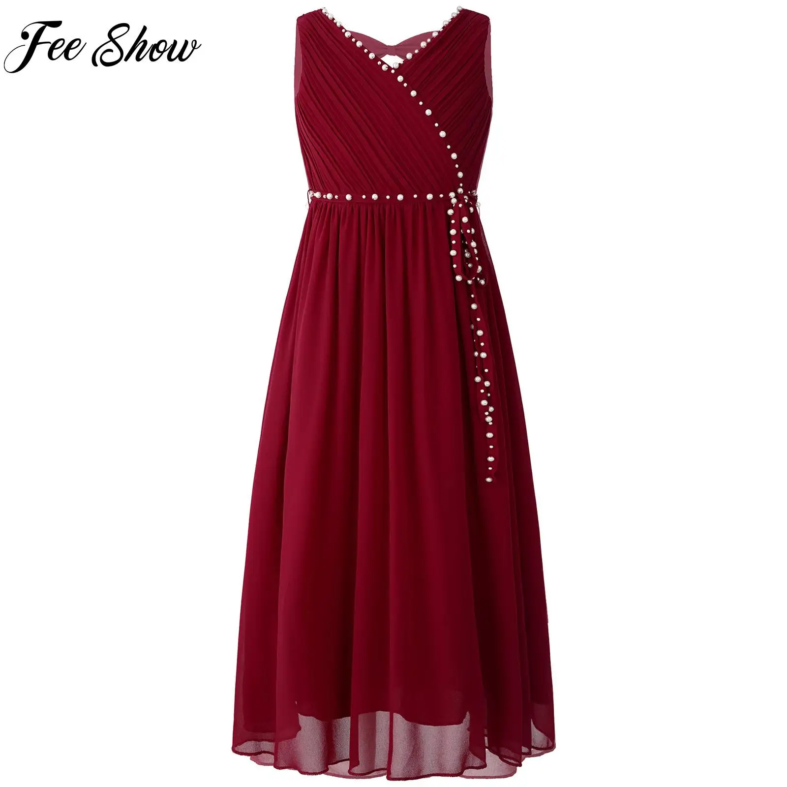 

Детское элегантное шифоновое платье с бисером для девочек, платье с оборками, V-образным вырезом, без рукавов, бантом и вырезами, со съемным поясом