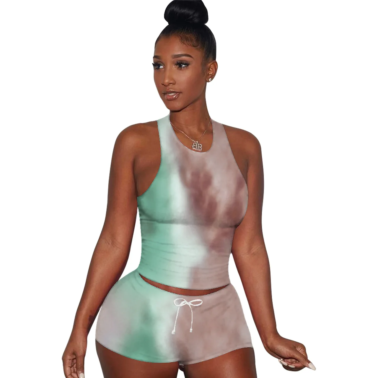 

Casual printed tie dyed vest two piece short sets for women 1084