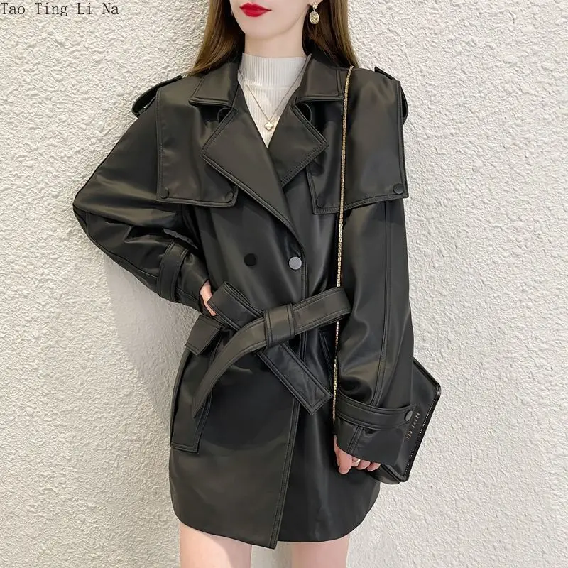 2022 Casual Genuine Sheep Leather Jacket New Lace-up Waist Mid-length Navy Collar Jacket H9