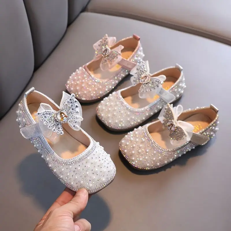 Girls' Princess Leather Shoes New Spring and Autumn Baby Soft Sole Rhinestone Bowknot Children's Crystal Single Shoes