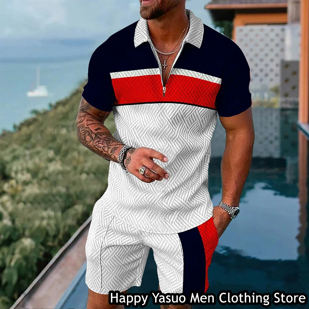 New Summer Men Fashion Polo Shirt Set 2 Pieces Casual Tracksuit Turn Down Collar Zipper Outfit Male Suit Retro Style Clothing