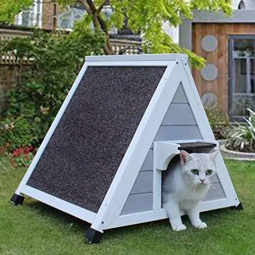 

Cat House for Outdoor Cats, Cute Outside Feral Cat Shelter with Escape Door Raised Floor Clear Windows, Unique Weatherproof Wood