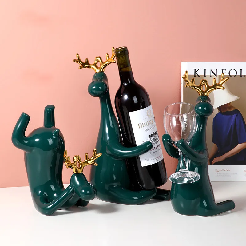 

European Ceramic Red Wine Rack Bottle Holder Creative Figurines Miniatures Deer Family Furnishing Article for Home Wedding Decor