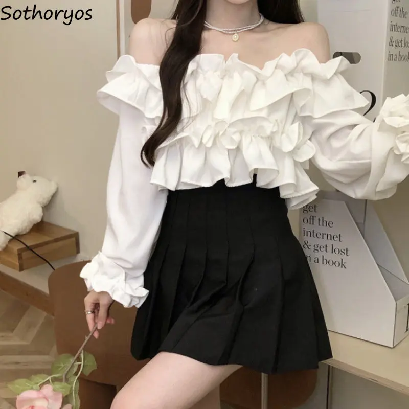 

Women Sets Shirring Daily Students Autumn Trendy Blouses Comfortable Simple Slash Neck Korean Style Casual Skirts Elegant Sexy