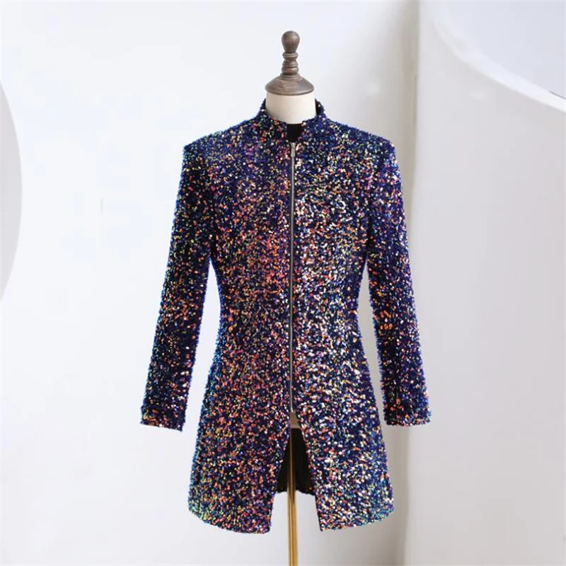

3D Flower Blazers Mens Suits Jackets Blue Purple Velvet Sequins Coat DJ Singer Shiny Prom Dress Stage Fashion Stand Collar