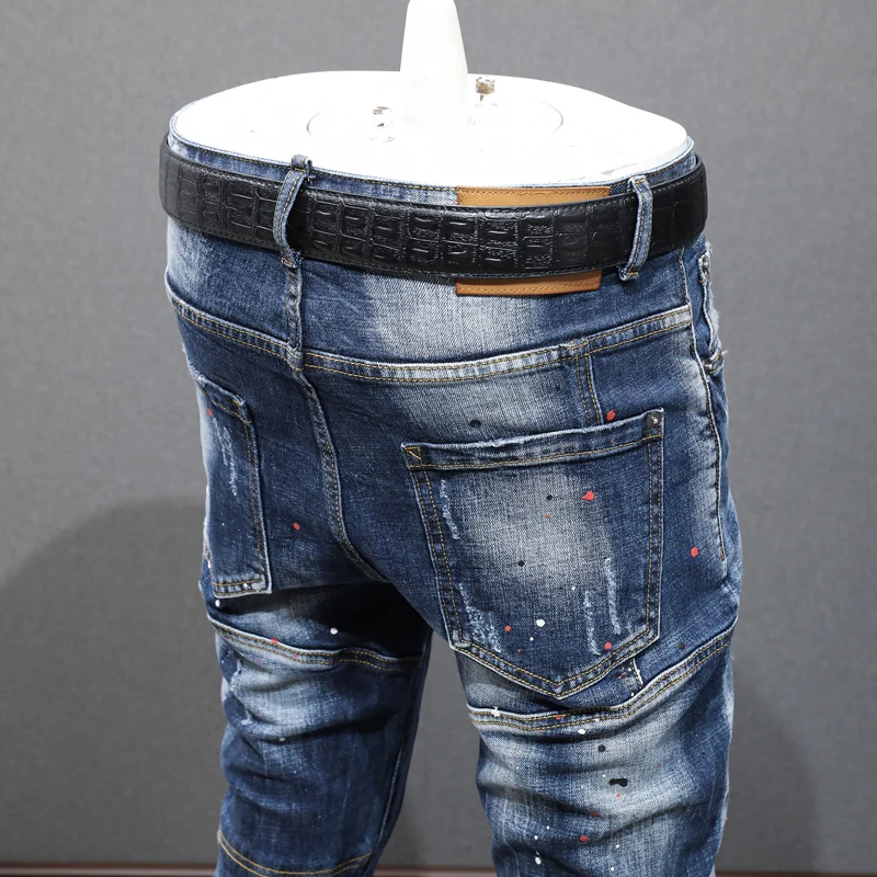 Fashion Designer Men Jeans Retro Blue Stretch Slim Painted Ripped Jeans Men Hip Hop Denim Pants Hombre Casual Vintage Trousers