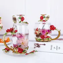 Light Luxury New Enamel Color Glass Water Cup with Lid Set European Flower Tea Cup Home Heat-resistant Office Holiday Gift