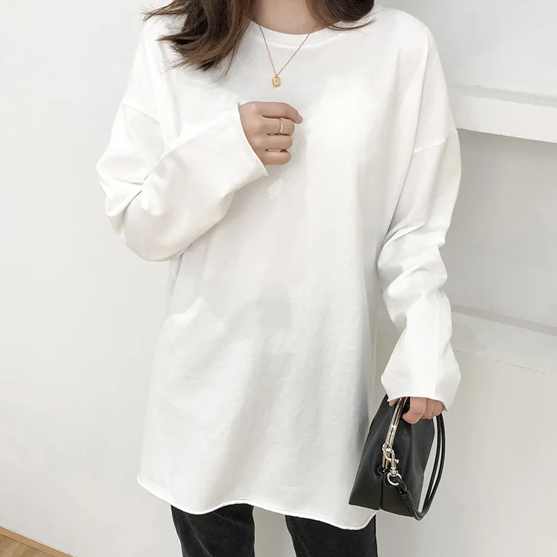 

2019 New Women's Cotton Long Sleeve Round Neck Solid T-Shirt gray