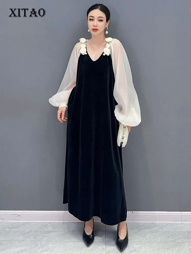 

XITAO Temperament V-neck Floret Female Dress Fashion Contrast Color Patchwork Gauze Women Autumn Elegant Trend Dress HQQ1539