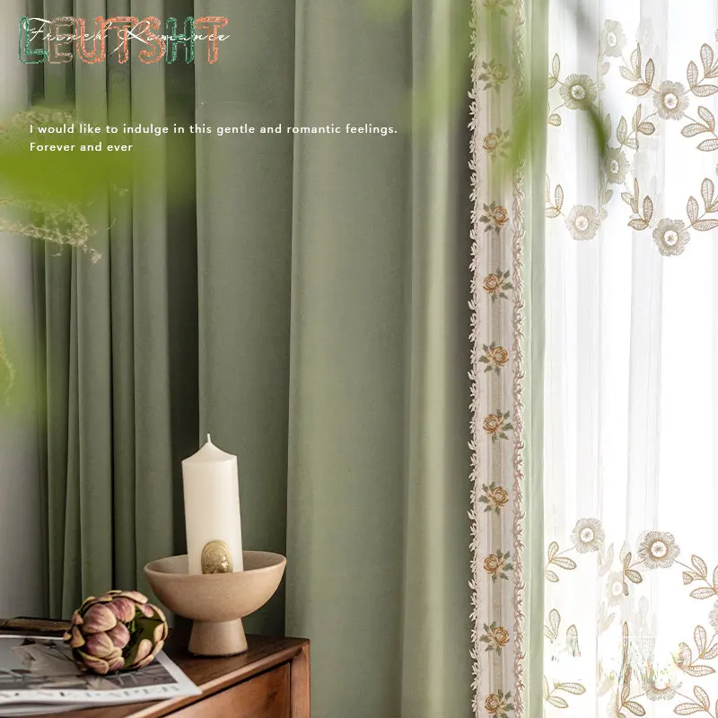 

French Curtains for Living Room Bedroom Green High-end Thickened Flannel Curtain Three-dimensional Lace Embroidered Window Tulle