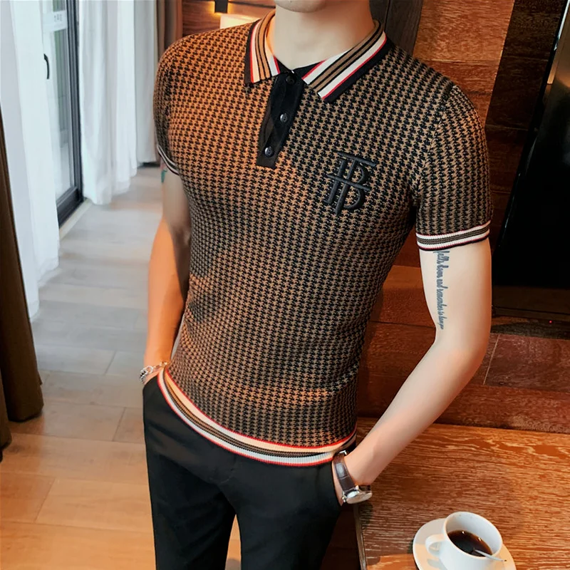 

Mens Short Sleeve Polo Shirts 2022 Summer Houndstooth Fashion Casual Slim Knit T-Shirts Lapel Polo Shirts Brand Male Clothing