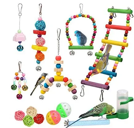 

Set Bird Toys Pet Parrot Chewing Toys Swing Suspension Bridge Toy Station Biting Hanging Ornaments Training Toy Water Dispenser