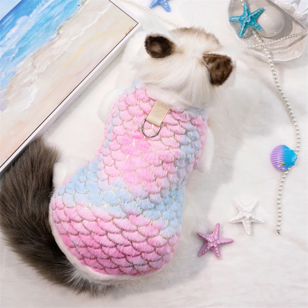 

Mermaid Colorful scales Pet Hoodies Warm Fleece Pet Clothes Cute Print Coat Medium Dog Cat Shirt Jacket Chihuahua Winter Outfit