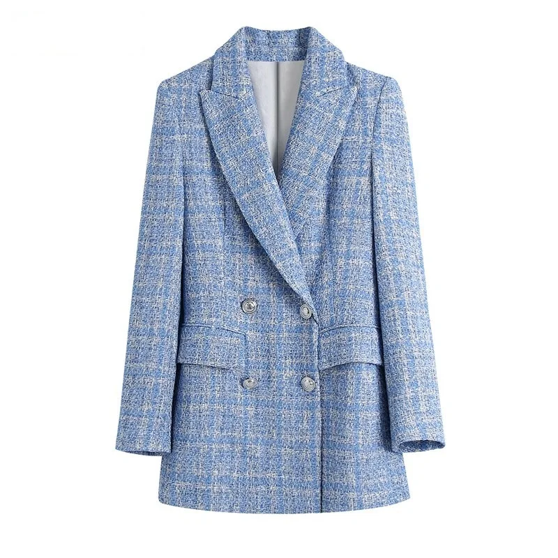 2021 Women Double Breasted Tweed Blue Blazers Coat Office Lady Long Sleeve Pockets Female Outerwear BE508
