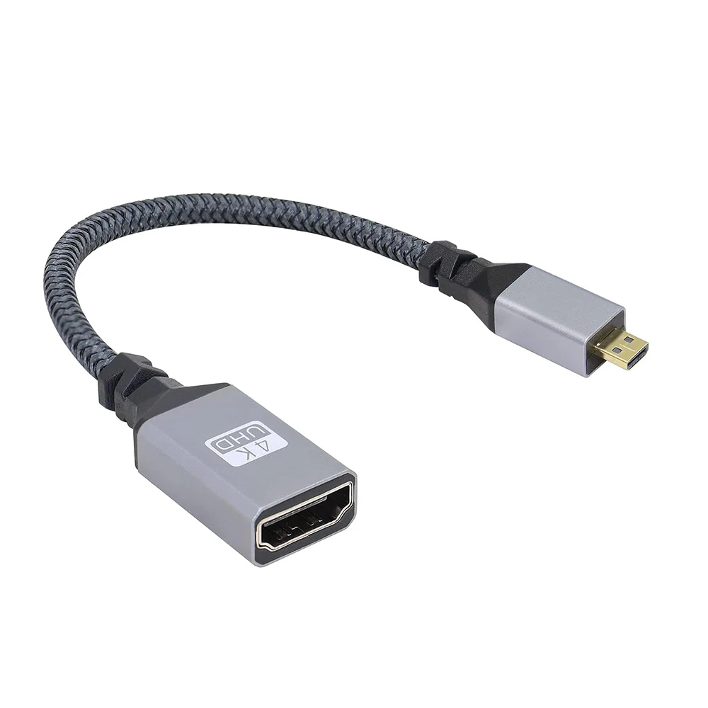 Micro-HD to HD Cable HD V2.0 D Male to A Female Short Braided Cord Support 4K UHD for Laptop Projector TV Monitor Camcorder 20cm