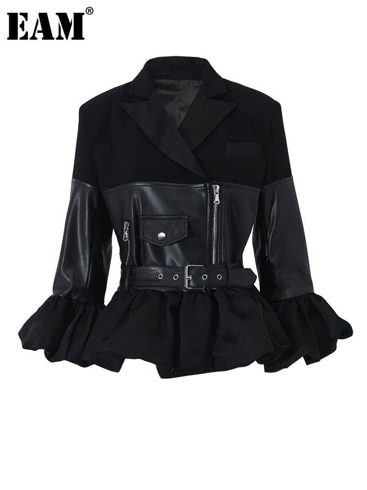 

[EAM] Loose Leather Belted Black Zippers Ruffkes Jacket New Lapel Long Sleeve Women Coat Fashion Spring Autumn 2023 1DE607001