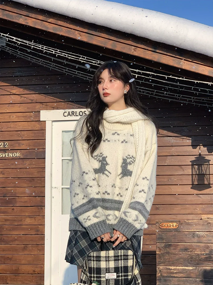 Осенне-весенний женский вязаный пуловер Mori Kei Girl с оленем свитера