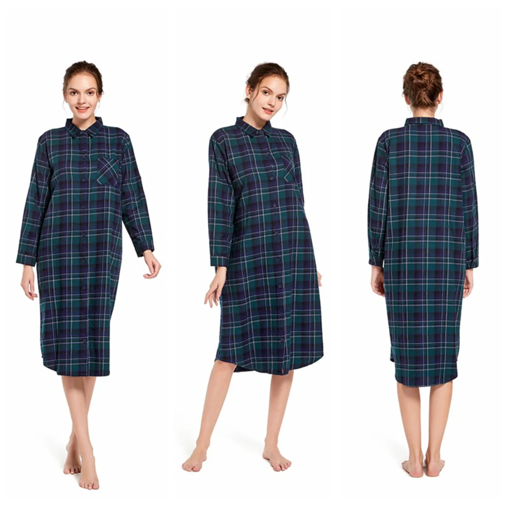 Autumn Women's Plaid Retro Nightwear Polyester Comfortable Slim Fitting Lapel Outwardly Wearable Pajamas Length To The Shank