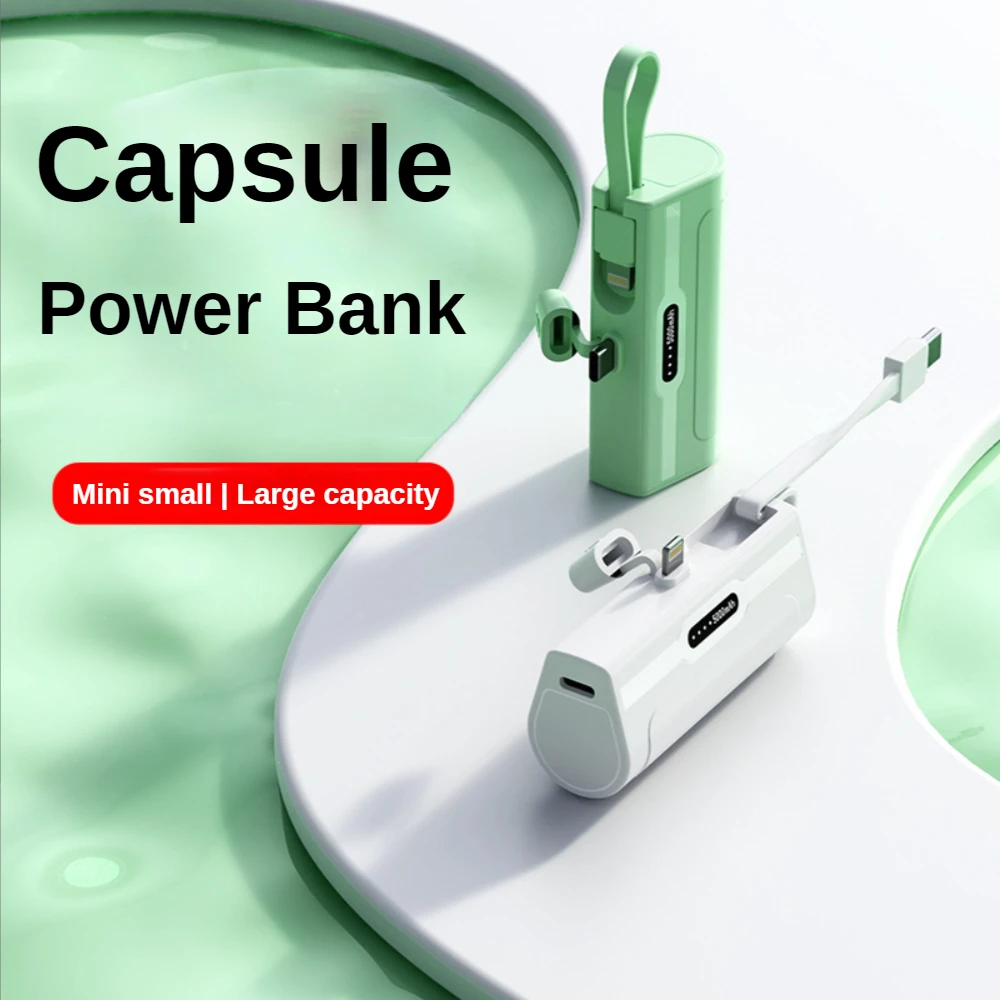 Power Bank 5000 мАч Встроенный кабель Mini PowerBank Запасное портативное зарядное устройство Кемпинг Внешний аккумулятор для iPhone Samsung Xiaomi
