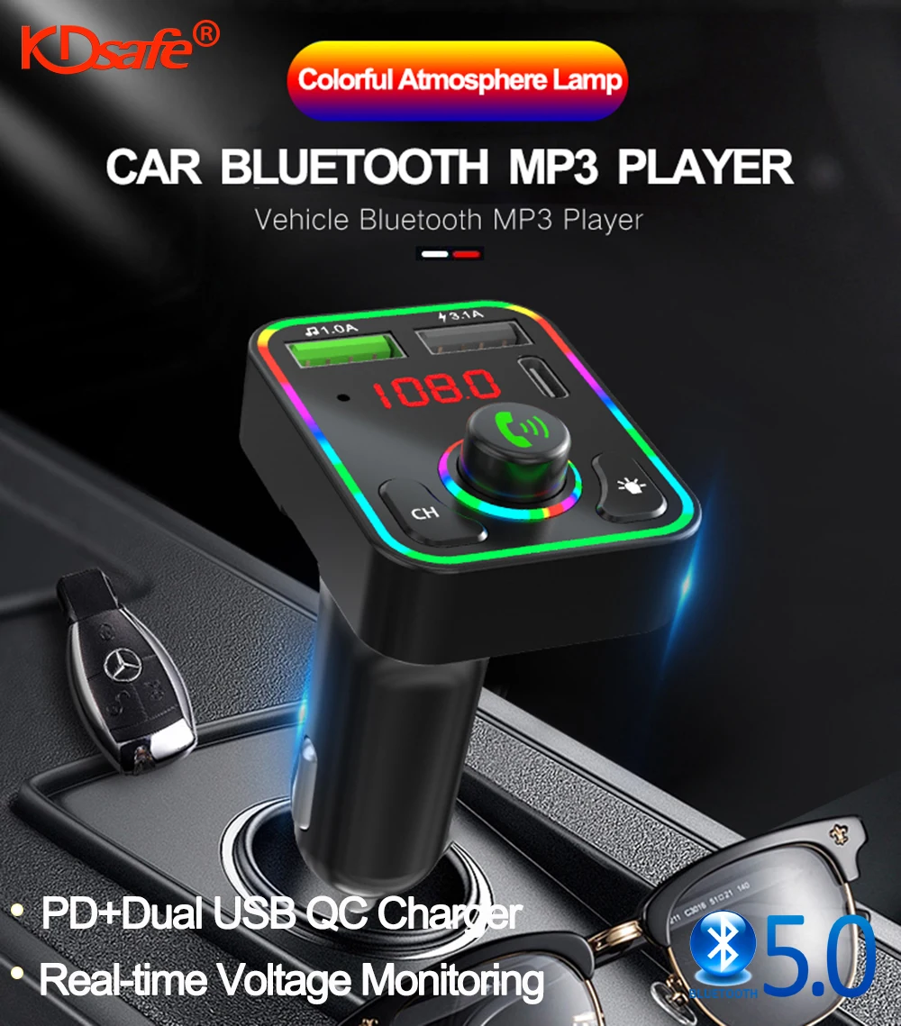 

KDsafe Bluetooth Wireless Car kit Handfree PD+Dual USB 3.1A QC Car Charger BATT Monitor Colored light FM Transmitter MP3 Player