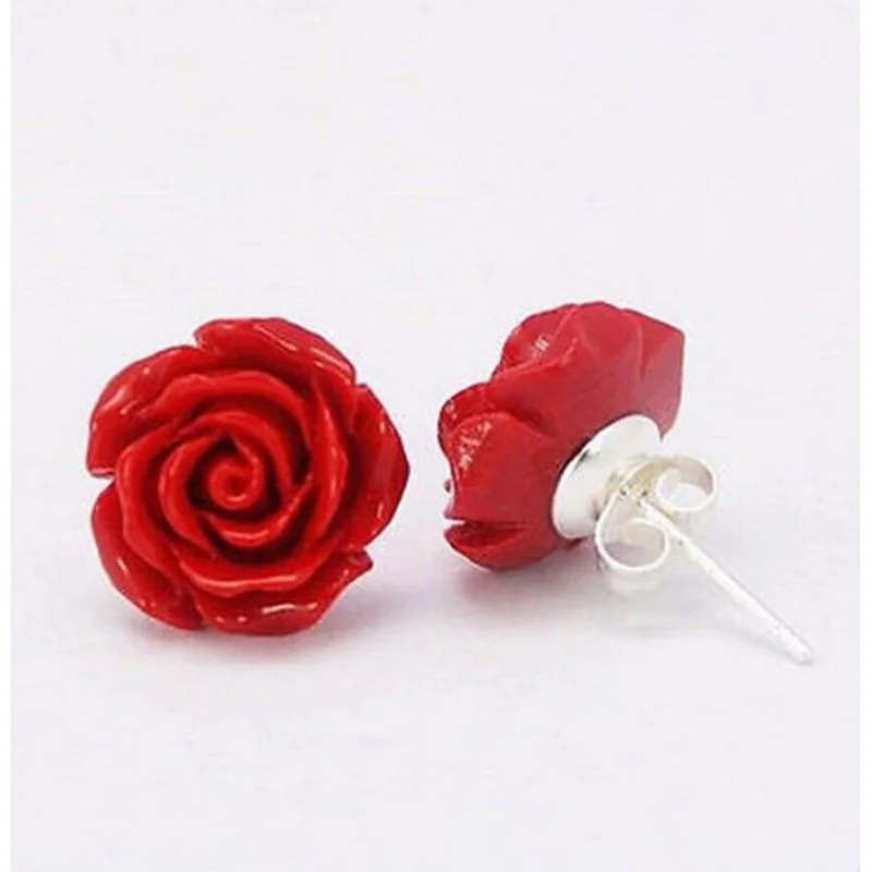 

Fashion Jewelry 10mm Coral Red Rose Flower 925 Sterling Silver Earrings