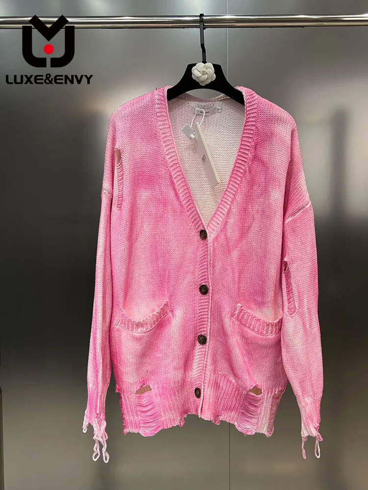 

LUXE&ENVY Grapefruit V-neck Long Sleeve Perforated Pocket Design Single Breasted Spray Color Street Fashion Sweater 2023 Autumn