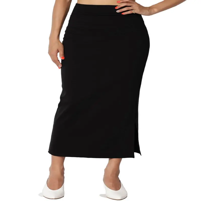 

Women`s PLUS Side Slit Ponte Knit High Waist Mid Calf Long Pencil Skirt