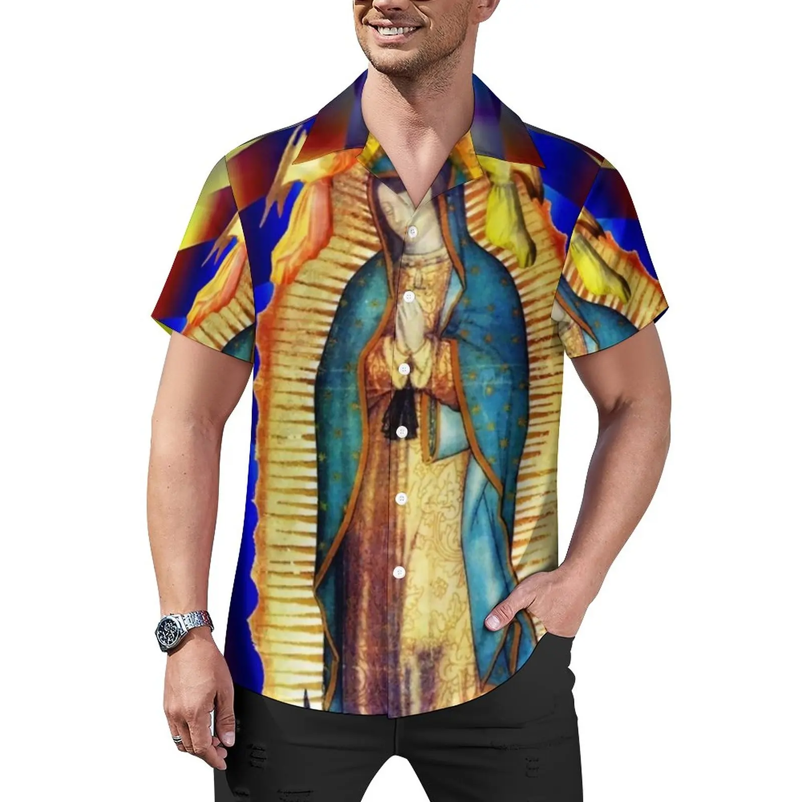 

Virgin Mary Beach Shirt Our Lady of Guadalupe Summer Casual Shirts Men Vintage Blouses Short Sleeve Graphic Clothing Large Size
