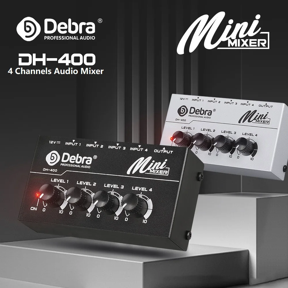 

Debra DH-400 профессиональная 4-канальная микшерная консоль, цифровой аудио мини-миксер, стерео для DJ, прямой трансляции, караоке, маленькая сцена