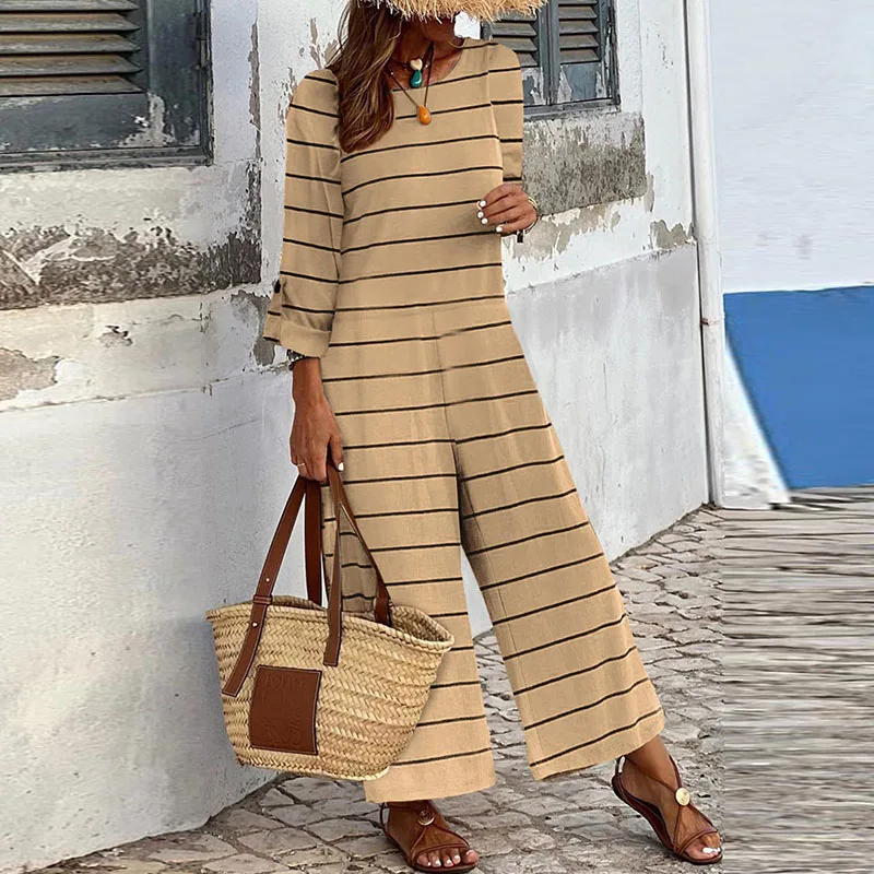 

Fashion Striped Printed Loose Long Jumpsuits 2023 Women Elegant O-neck Wide Legger Playsuit Casual Long Sleeve Straight Rompers