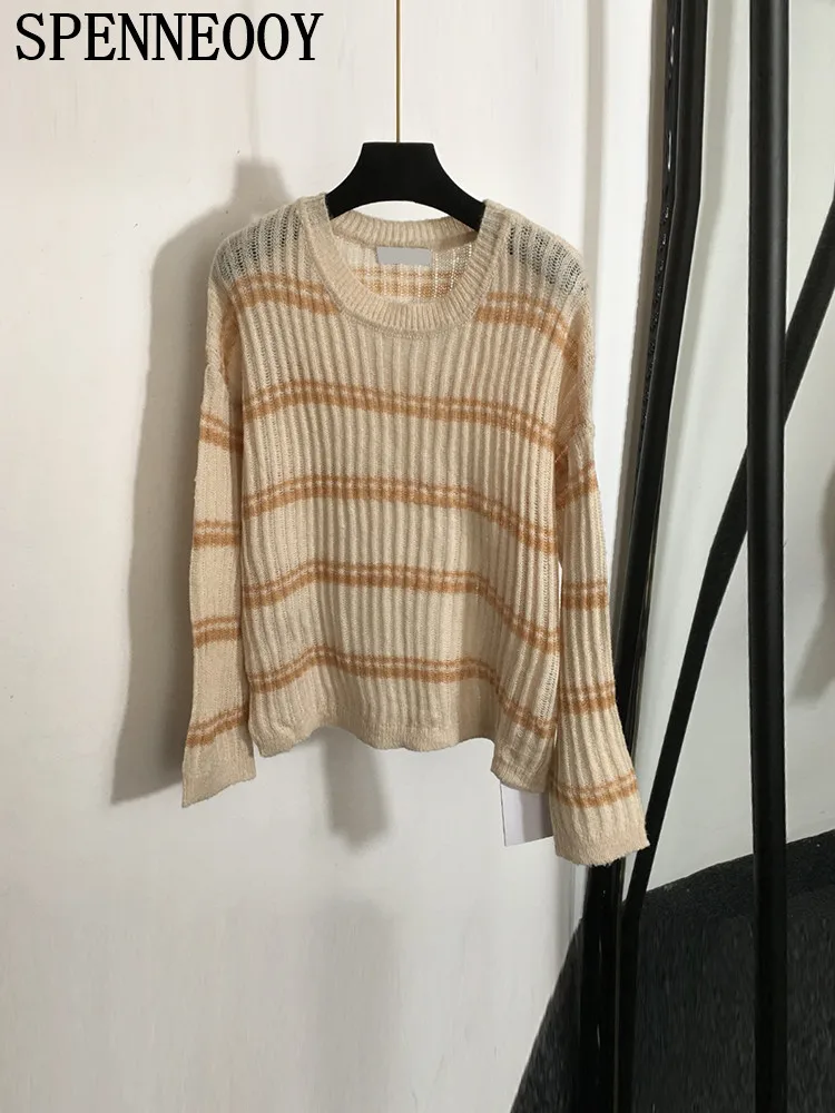 Женский свободный пуловер SPENNEOOY повседневный тонкий в полоску с круглым вырезом