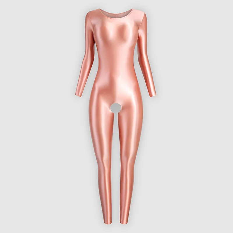 Sexy Shiny Glossy Satin Tight Jumpsuit Smooth Long Sleeve Open Crotch Leggings Running Sportswear Body Suits for Women Romper