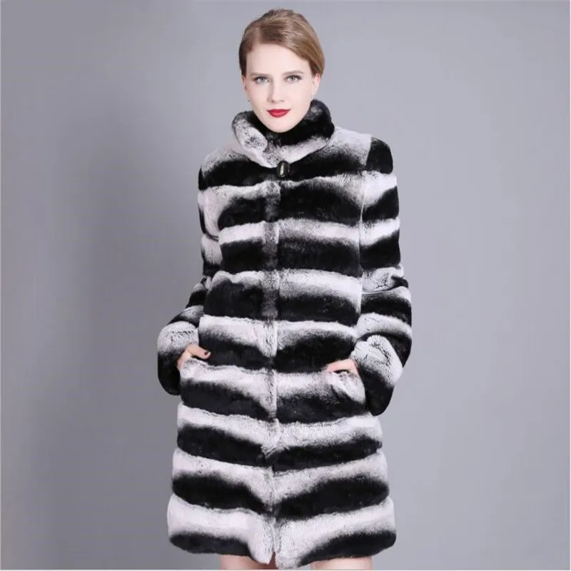 90CM Luxury Whole Skin Natural Chinchilla Fur Coats Stand Collar Striped Women Real Rex Rabbit Fur Long Jacket Winter Thick Coat
