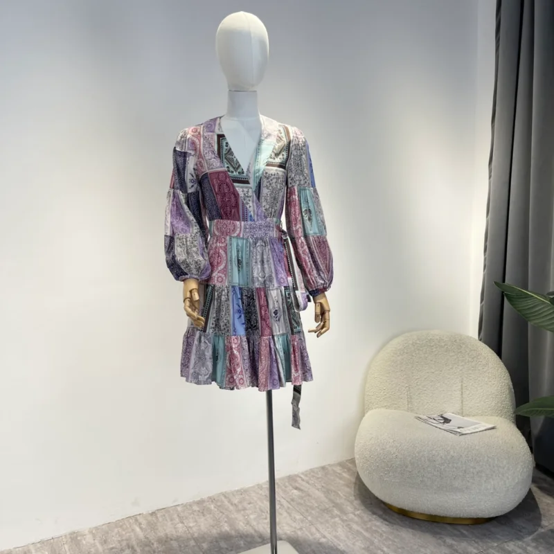 

Женское мини-платье с запахом, винтажное платье фиолетового и синего цвета в клетку с запахом Пейсли, 2022