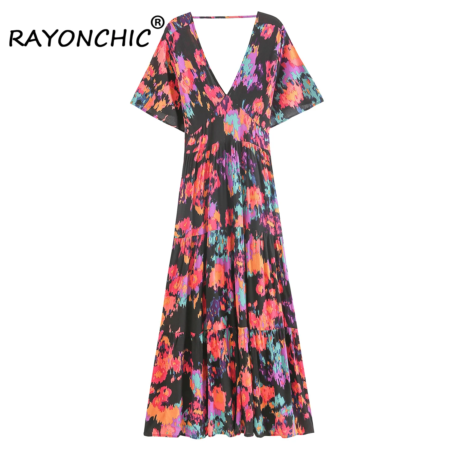 

RAYONCHI Vestidos De Mujer Rayon Color Block Maxi Hippie Women Dresses Holiday Summer Beach Wear Bohemian Style Vintage Dresses