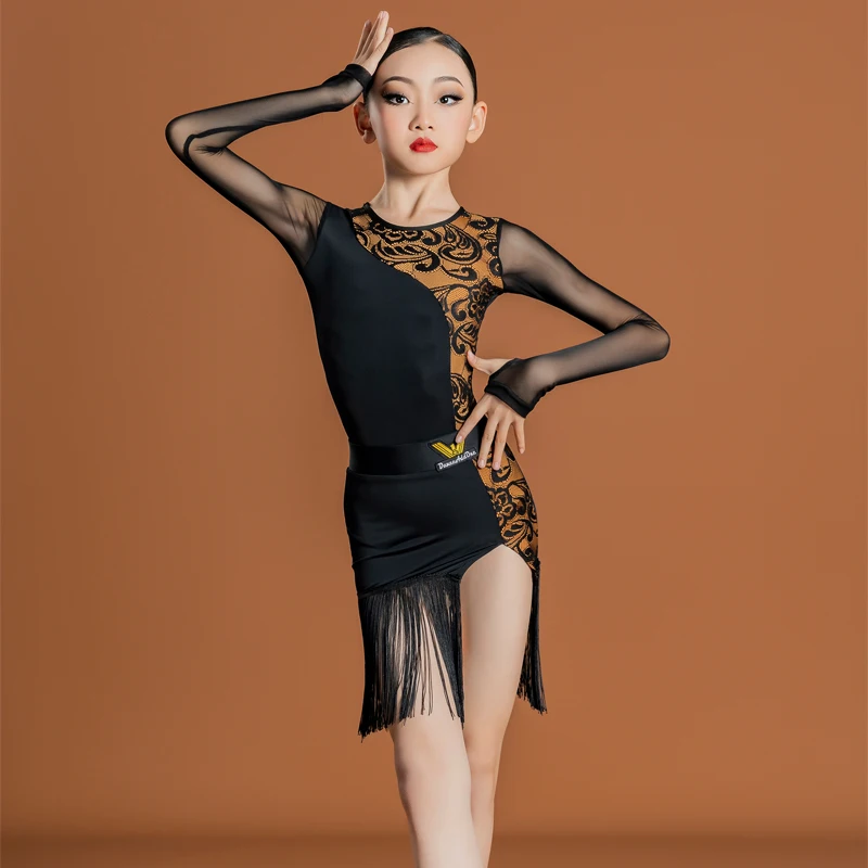 

Kids Dnacing Clothes For Girls Latin Dance Dress Long Sleeved Top Tassels Skirts Ballroom Competition Dance Costume SL6416