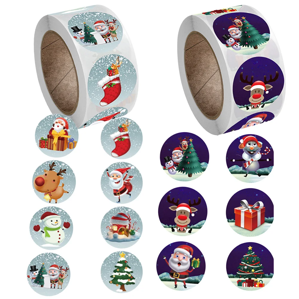 

500Pcs/ Roll 1inch Round Ornament Stickers Claus Tree Deer Christmas Kids Christmas Cards Envelopes Seal Gift Tags Santa